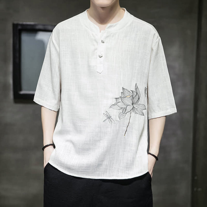 Buddha Stones Maglietta a maniche corte da uomo con bottoni cinesi a forma di rana e motivo a libellula con ricamo estivo - image 12