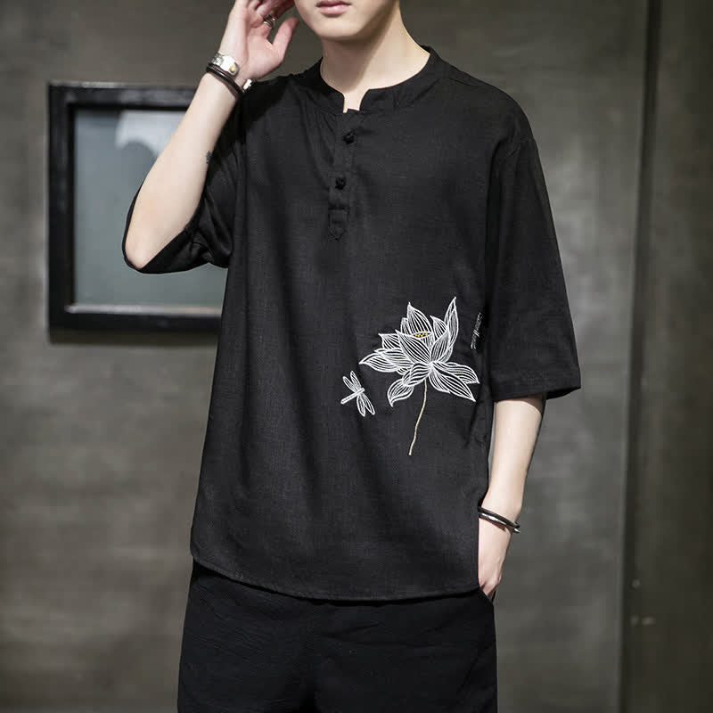 Buddha Stones Maglietta a maniche corte da uomo con bottoni cinesi a forma di rana e motivo a libellula con ricamo estivo - image 1