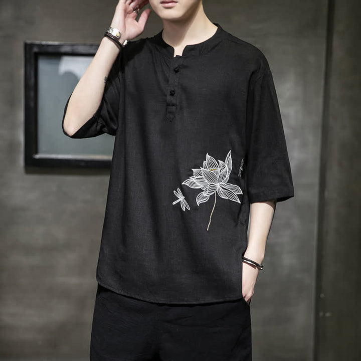 Buddha Stones Maglietta a maniche corte da uomo con bottoni cinesi a forma di rana e motivo a libellula con ricamo estivo - image 1