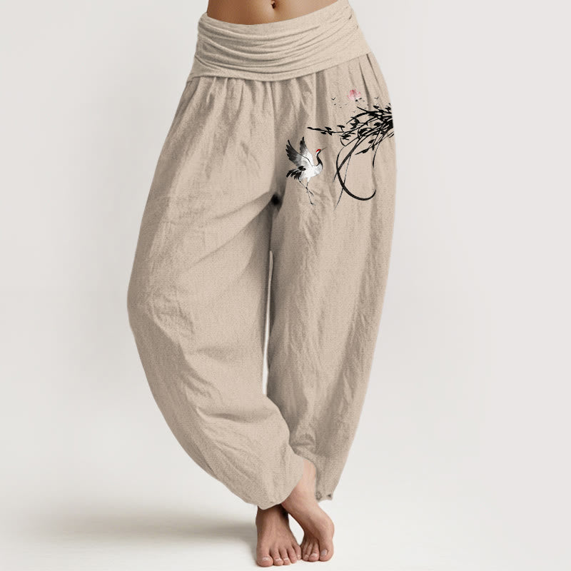 Buddha Stones Pantaloni harem da donna in puro cotone con elastico in vita, stile minimalista, motivo a foglie di loto e gru - Abbronzatura - US16, UK/AU20, EU48 (3XL) - image 0