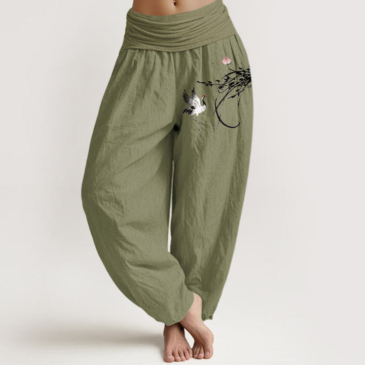 Buddha Stones Pantaloni harem da donna in puro cotone con elastico in vita, stile minimalista, motivo a foglie di loto e gru - Verde oliva - US16, UK/AU20, EU48 (3XL) - image 14