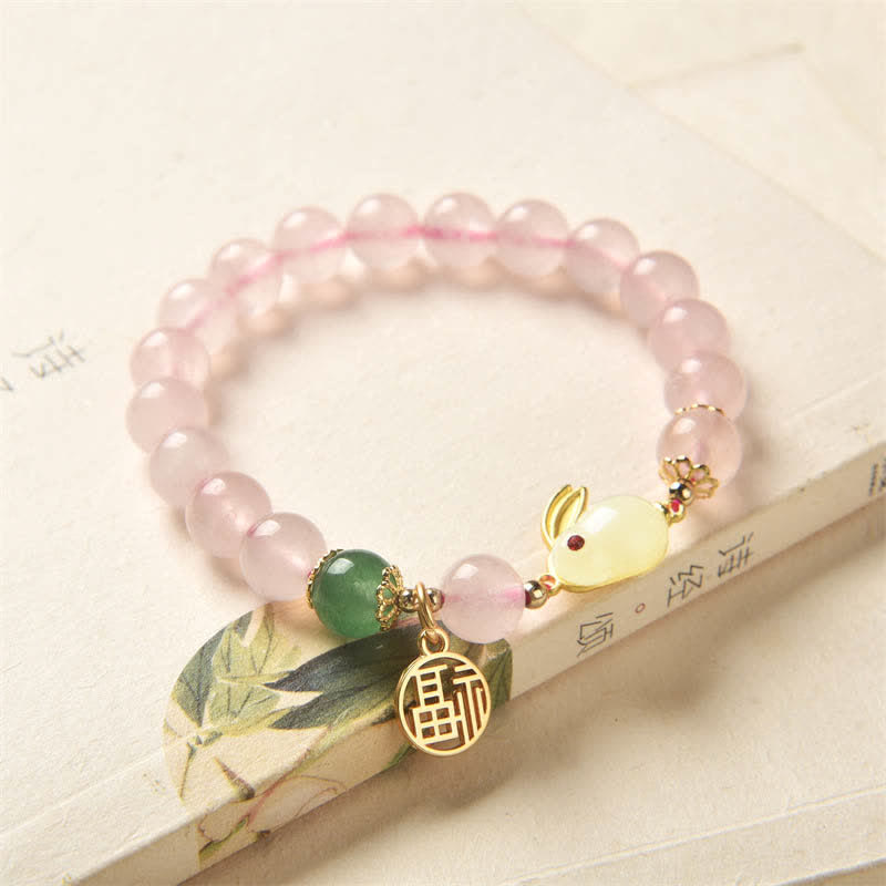 Braccialetto di felicità dell'amore del coniglietto di agata verde di cristallo rosa naturale dell'anno del coniglio - image 1