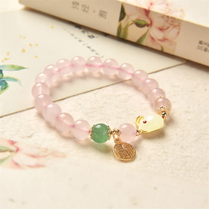 Braccialetto di felicità dell'amore del coniglietto di agata verde di cristallo rosa naturale dell'anno del coniglio - image 3