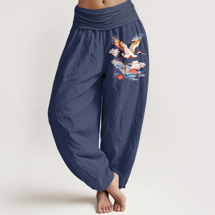 Buddha Stones Pantaloni harem da donna in puro cotone con elastico in vita, motivo a gru, foglia di loto, fiore e nuvola - DarkSlateBlue - US16, UK/AU20, EU48 (3XL) - image 5