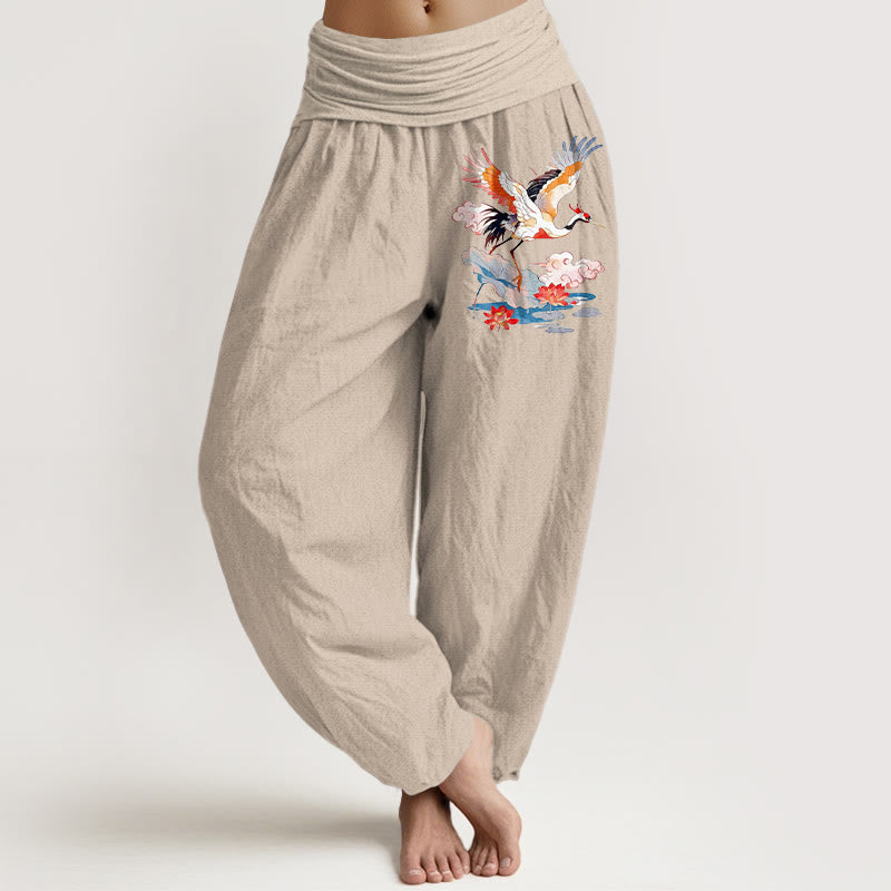 Buddha Stones Pantaloni harem da donna in puro cotone con elastico in vita, motivo a gru, foglia di loto, fiore e nuvola - Abbronzatura - US16, UK/AU20, EU48 (3XL) - image 11