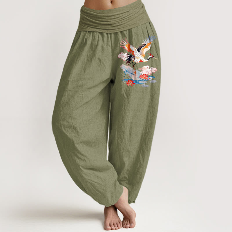 Buddha Stones Pantaloni harem da donna in puro cotone con elastico in vita, motivo a gru, foglia di loto, fiore e nuvola - Verde oliva - US16, UK/AU20, EU48 (3XL) - image 14