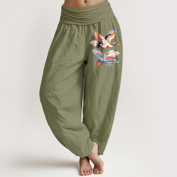 Buddha Stones Pantaloni harem da donna in puro cotone con elastico in vita, motivo a gru, foglia di loto, fiore e nuvola - Verde oliva - US16, UK/AU20, EU48 (3XL) - image 14