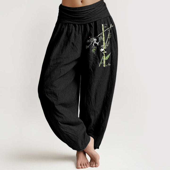 Buddha Stones Pantaloni harem da donna in puro cotone con elastico in vita e motivo panda e bambù, stile semplice - Nero - US16, UK/AU20, EU48 (3XL) - image 0