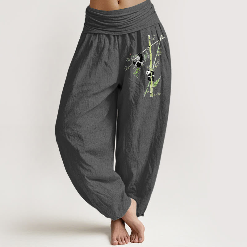 Buddha Stones Pantaloni harem da donna in puro cotone con elastico in vita e motivo panda e bambù, stile semplice - Grigio scuro - US16, UK/AU20, EU48 (3XL) - image 8