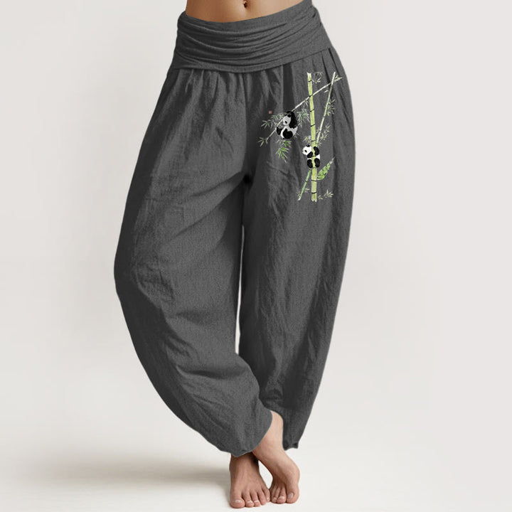 Buddha Stones Pantaloni harem da donna in puro cotone con elastico in vita e motivo panda e bambù, stile semplice - Grigio scuro - US16, UK/AU20, EU48 (3XL) - image 8