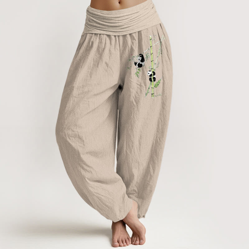 Buddha Stones Pantaloni harem da donna in puro cotone con elastico in vita e motivo panda e bambù, stile semplice - Abbronzatura - US16, UK/AU20, EU48 (3XL) - image 11