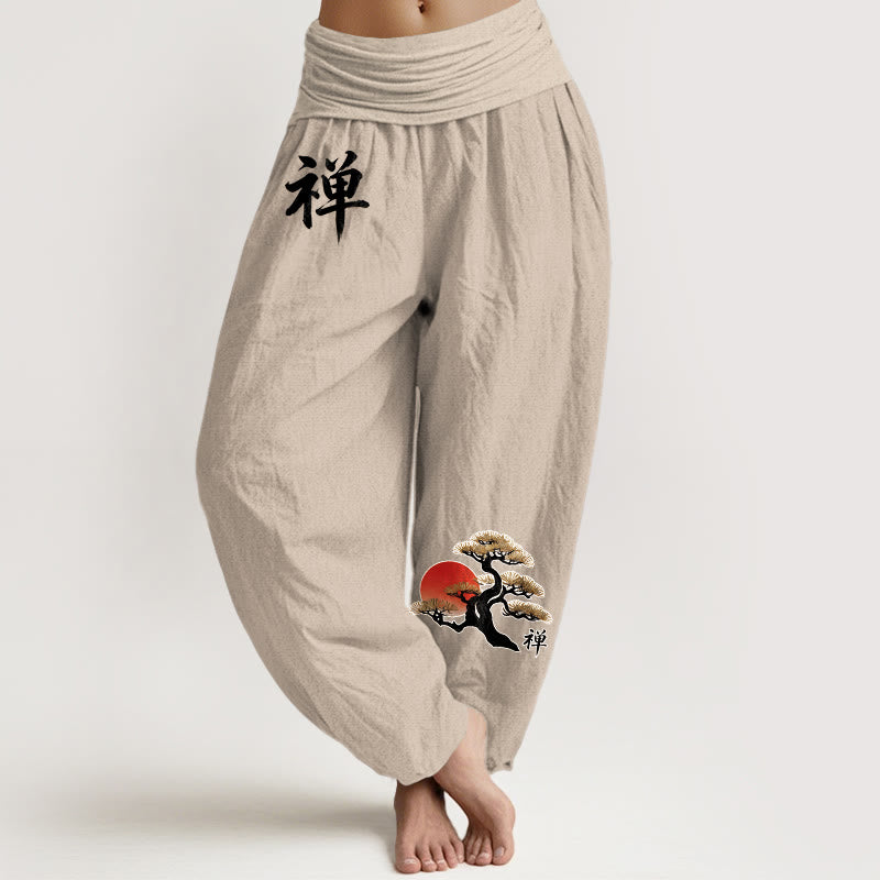 Buddha Stones Pantaloni harem da donna in puro cotone con elastico in vita, stile semplice, motivo con caratteri cinesi e pino del sole - Abbronzatura - US16, UK/AU20, EU48 (3XL) - image 0