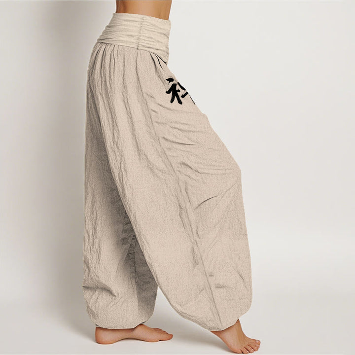 Buddha Stones Pantaloni harem da donna in puro cotone con elastico in vita, stile semplice, motivo con caratteri cinesi e pino del sole - image 2