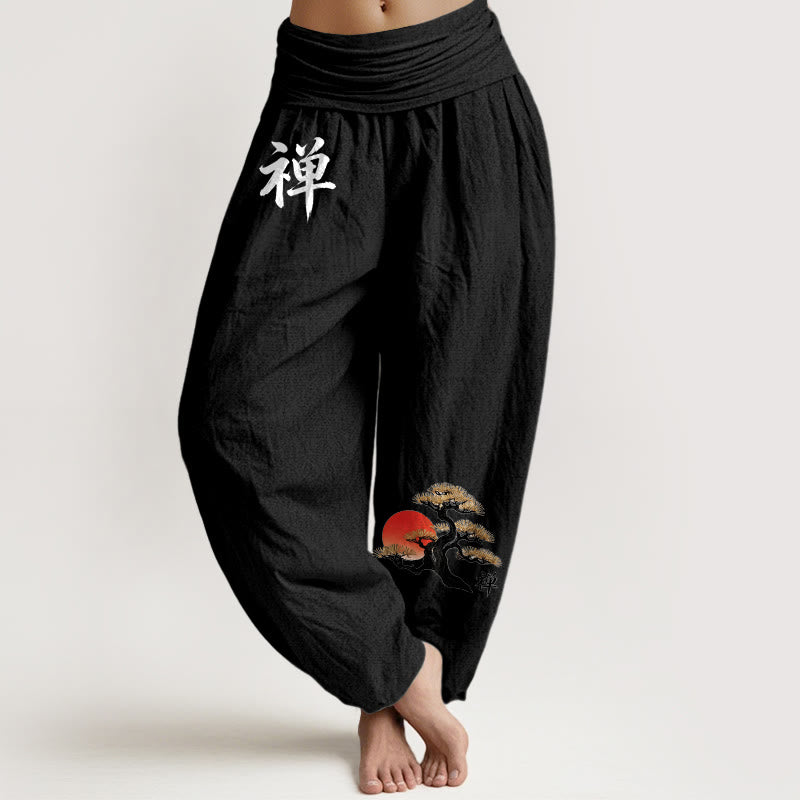 Buddha Stones Pantaloni harem da donna in puro cotone con elastico in vita, stile semplice, motivo con caratteri cinesi e pino del sole - Nero - US16, UK/AU20, EU48 (3XL) - image 5
