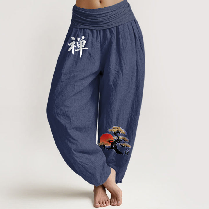 Buddha Stones Pantaloni harem da donna in puro cotone con elastico in vita, stile semplice, motivo con caratteri cinesi e pino del sole - DarkSlateBlue - US16, UK/AU20, EU48 (3XL) - image 8