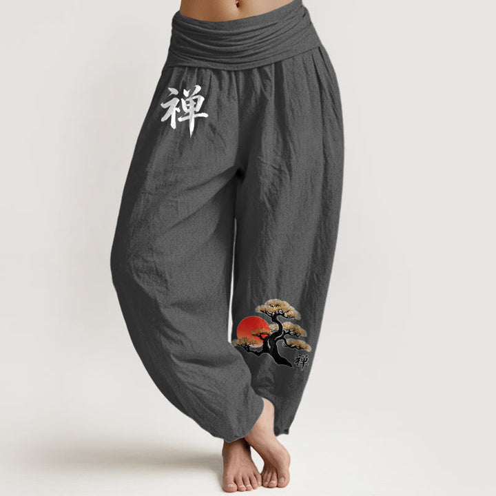 Buddha Stones Pantaloni harem da donna in puro cotone con elastico in vita, stile semplice, motivo con caratteri cinesi e pino del sole - Grigio scuro - US16, UK/AU20, EU48 (3XL) - image 11