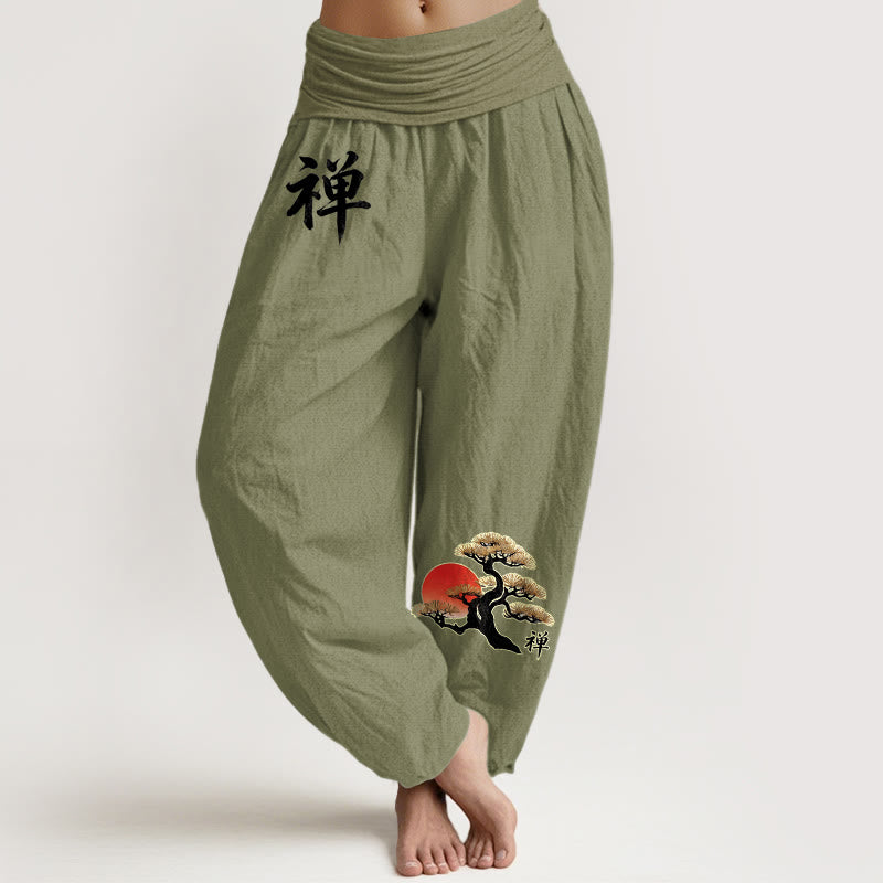 Buddha Stones Pantaloni harem da donna in puro cotone con elastico in vita, stile semplice, motivo con caratteri cinesi e pino del sole - Verde oliva - US16, UK/AU20, EU48 (3XL) - image 14