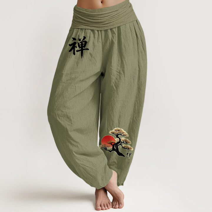 Buddha Stones Pantaloni harem da donna in puro cotone con elastico in vita, stile semplice, motivo con caratteri cinesi e pino del sole - Verde oliva - US16, UK/AU20, EU48 (3XL) - image 14