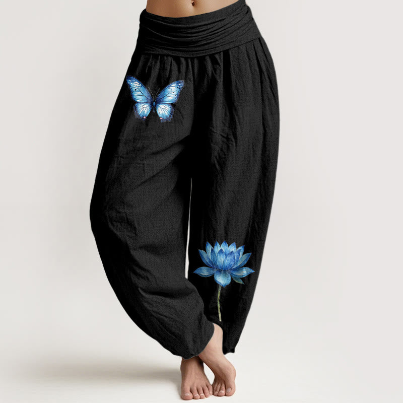 Buddha Stones Pantaloni harem da donna in puro cotone con motivo a farfalla e loto - Nero - US16, UK/AU20, EU48 (3XL) - image 0