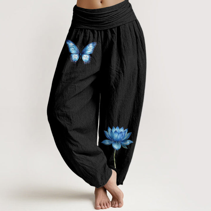 Buddha Stones Pantaloni harem da donna in puro cotone con motivo a farfalla e loto - Nero - US16, UK/AU20, EU48 (3XL) - image 0