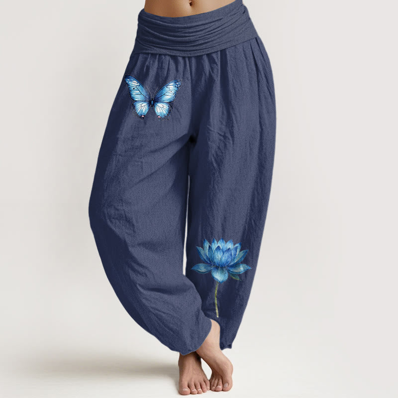Buddha Stones Pantaloni harem da donna in puro cotone con motivo a farfalla e loto - DarkSlateBlue - US16, UK/AU20, EU48 (3XL) - image 5