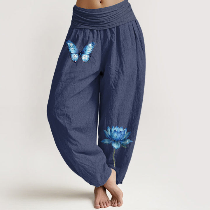 Buddha Stones Pantaloni harem da donna in puro cotone con motivo a farfalla e loto - DarkSlateBlue - US16, UK/AU20, EU48 (3XL) - image 5
