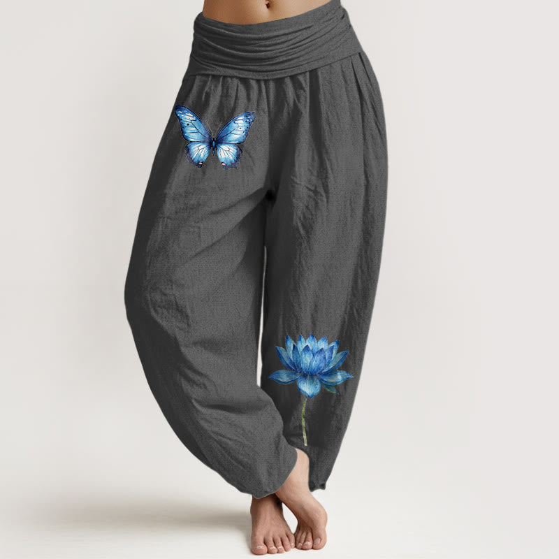 Buddha Stones Pantaloni harem da donna in puro cotone con motivo a farfalla e loto - Grigio scuro - US16, UK/AU20, EU48 (3XL) - image 8