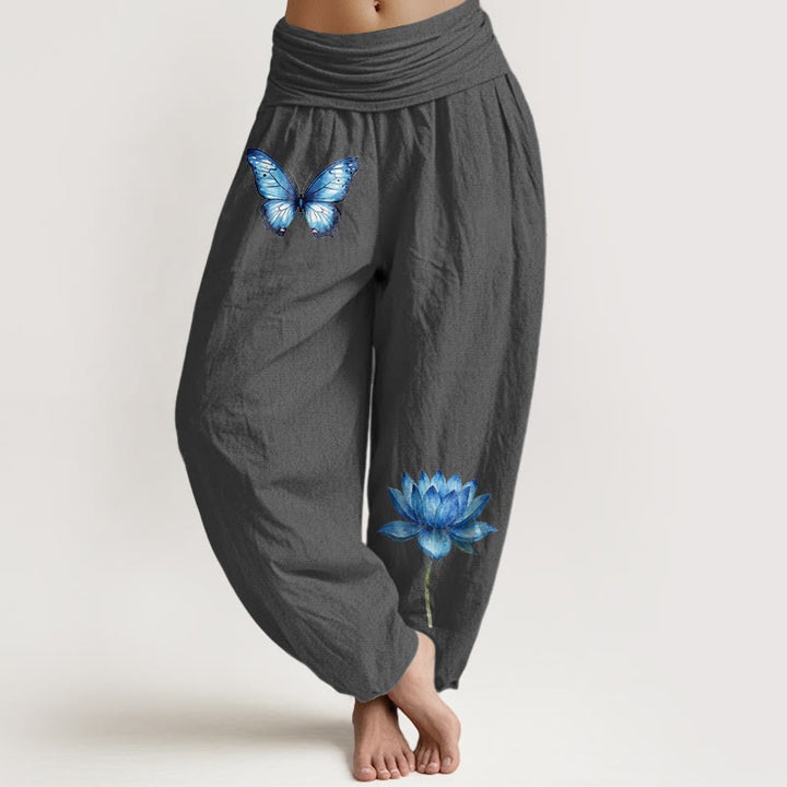 Buddha Stones Pantaloni harem da donna in puro cotone con motivo a farfalla e loto - Grigio scuro - US16, UK/AU20, EU48 (3XL) - image 8