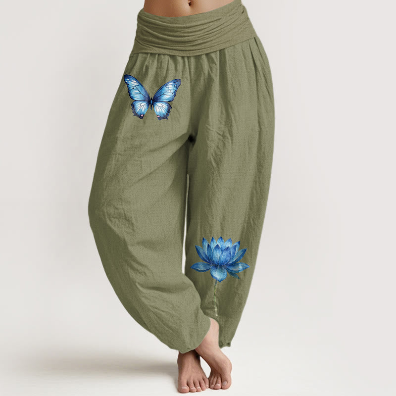 Buddha Stones Pantaloni harem da donna in puro cotone con motivo a farfalla e loto - Verde oliva - US16, UK/AU20, EU48 (3XL) - image 14