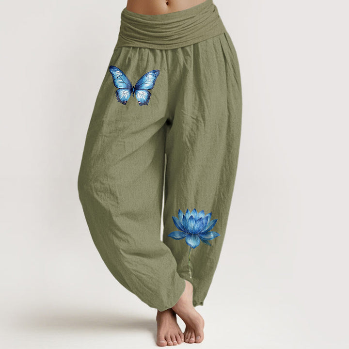 Buddha Stones Pantaloni harem da donna in puro cotone con motivo a farfalla e loto - Verde oliva - US16, UK/AU20, EU48 (3XL) - image 14