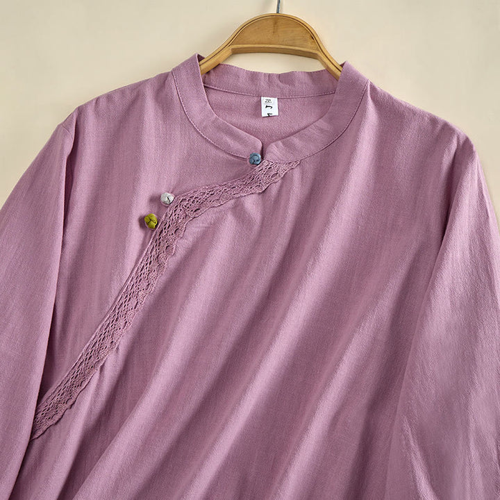 Buddha Stones Camicia da donna in cotone a maniche lunghe con scollo rotondo e bottoni a rana - image 10