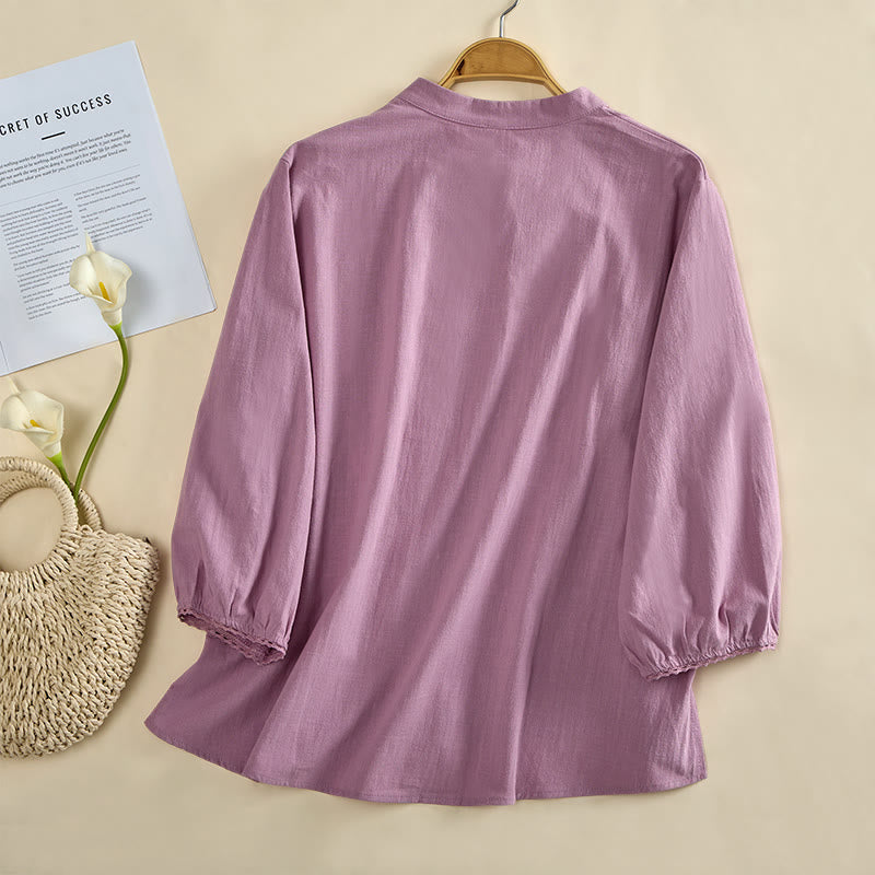 Buddha Stones Camicia da donna in cotone a maniche lunghe con scollo rotondo e bottoni a rana - image 9