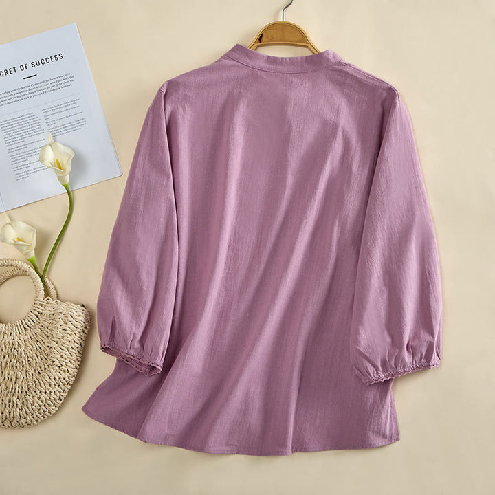 Buddha Stones Camicia da donna in cotone a maniche lunghe con scollo rotondo e bottoni a rana - image 9