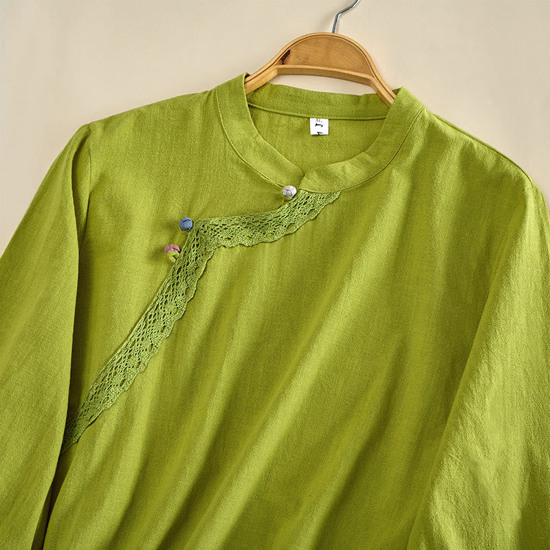 Buddha Stones Camicia da donna in cotone a maniche lunghe con scollo rotondo e bottoni a rana - image 2