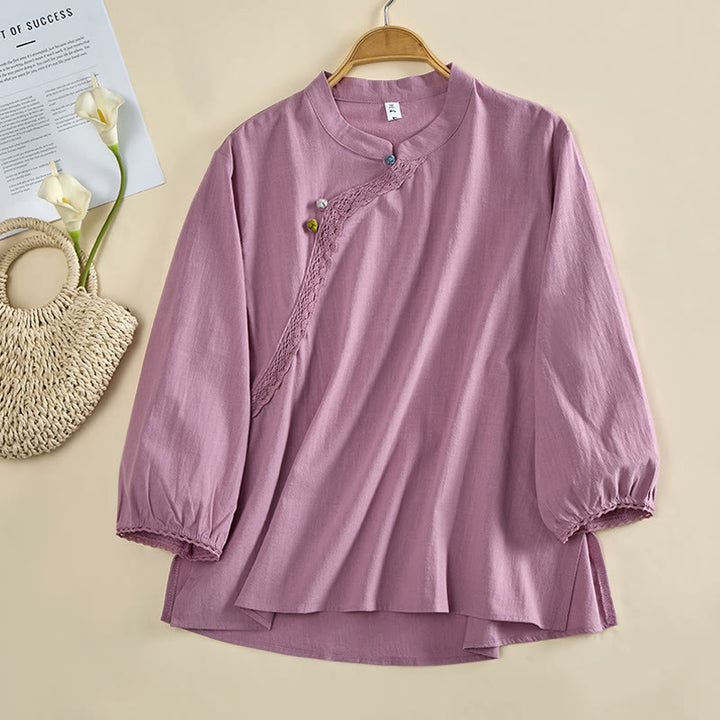 Buddha Stones Camicia da donna in cotone a maniche lunghe con scollo rotondo e bottoni a rana - Orchidea - US8-10, UK/AU12-14, EU40-42 (2XL) - image 7