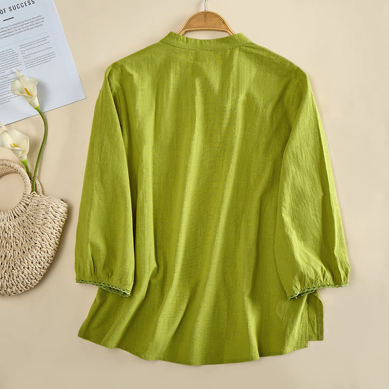 Buddha Stones Camicia da donna in cotone a maniche lunghe con scollo rotondo e bottoni a rana - image 1