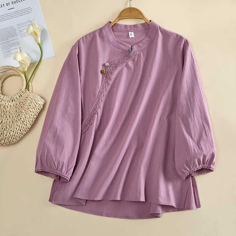 Buddha Stones Camicia da donna in cotone a maniche lunghe con scollo rotondo e bottoni a rana - image 8