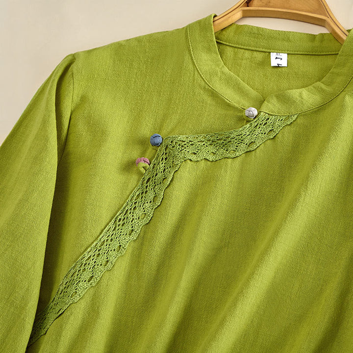 Buddha Stones Camicia da donna in cotone a maniche lunghe con scollo rotondo e bottoni a rana - image 3