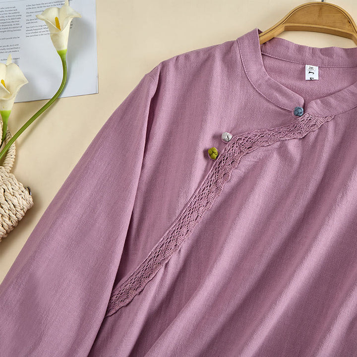 Buddha Stones Camicia da donna in cotone a maniche lunghe con scollo rotondo e bottoni a rana - image 11