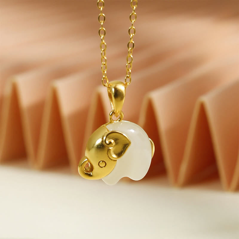 Buddha Stones Collana con ciondolo portafortuna in argento sterling 925 con giada Hetian e elefante - Elefante in argento sterling 925 con giada Hetian (dimensioni del pendente: 19*15 mm) - image 0