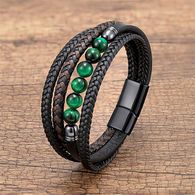 Bracciale in pelle positivo con Buddha Stones Tiger Eye Lava Rock Onyx nero Lazurite Lapislazzuli Ematite - Occhio di tigre verde - 18-22 cm - image 0