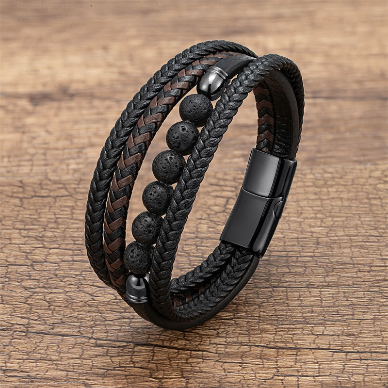 Bracciale in pelle positivo con Buddha Stones Tiger Eye Lava Rock Onyx nero Lazurite Lapislazzuli Ematite - Roccia lavica - 18-22 cm - image 3