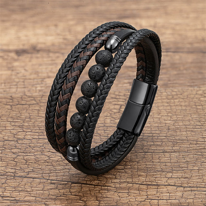 Bracciale in pelle positivo con Buddha Stones Tiger Eye Lava Rock Onyx nero Lazurite Lapislazzuli Ematite - Roccia lavica - 18-22 cm - image 3