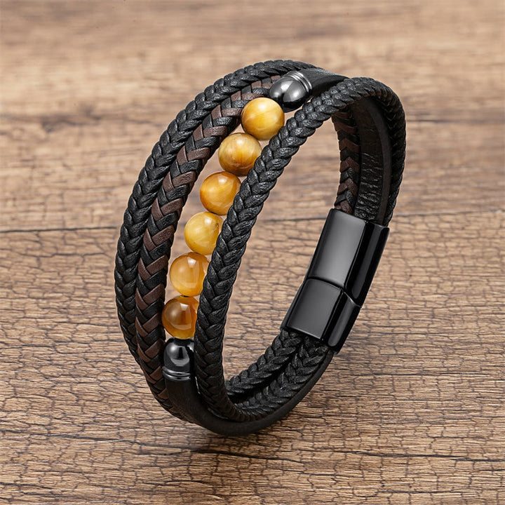 Bracciale in pelle positivo con Buddha Stones Tiger Eye Lava Rock Onyx nero Lazurite Lapislazzuli Ematite - Occhio di tigre giallo - 18-22 cm - image 5