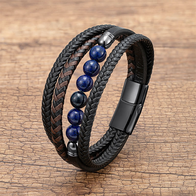 Bracciale in pelle positivo con Buddha Stones Tiger Eye Lava Rock Onyx nero Lazurite Lapislazzuli Ematite - Lazurite - 18-22 cm - image 8