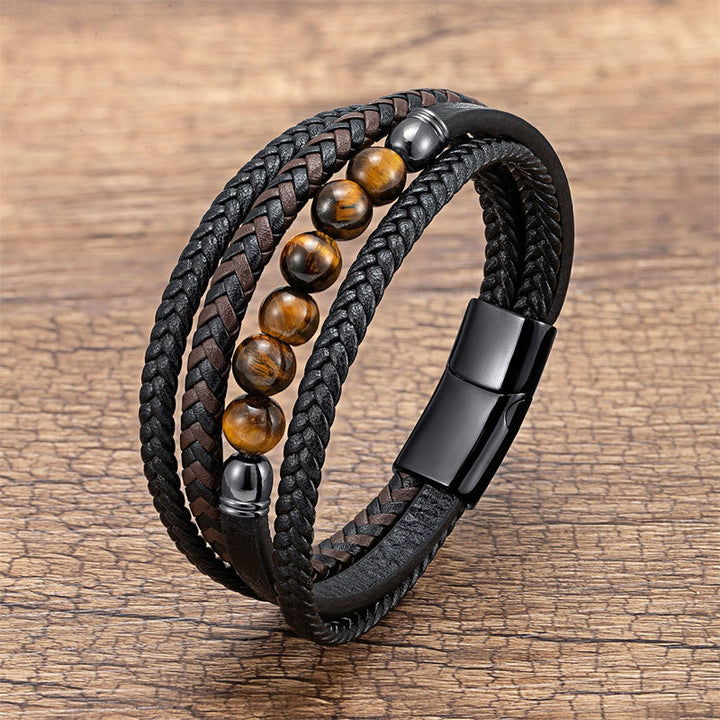 Bracciale in pelle positivo con Buddha Stones Tiger Eye Lava Rock Onyx nero Lazurite Lapislazzuli Ematite - Occhio di tigre - 18-22 cm - image 14