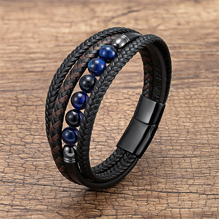 Bracciale in pelle positivo con Buddha Stones Tiger Eye Lava Rock Onyx nero Lazurite Lapislazzuli Ematite - Occhio di tigre blu - 18-22 cm - image 15