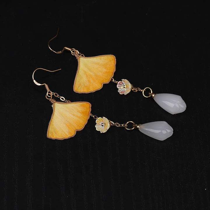 Buddha Stones Orecchini pendenti in seta fatti a mano con foglia di ginkgo giallo e gancio in rame, simbolo di buona fortuna - image 10