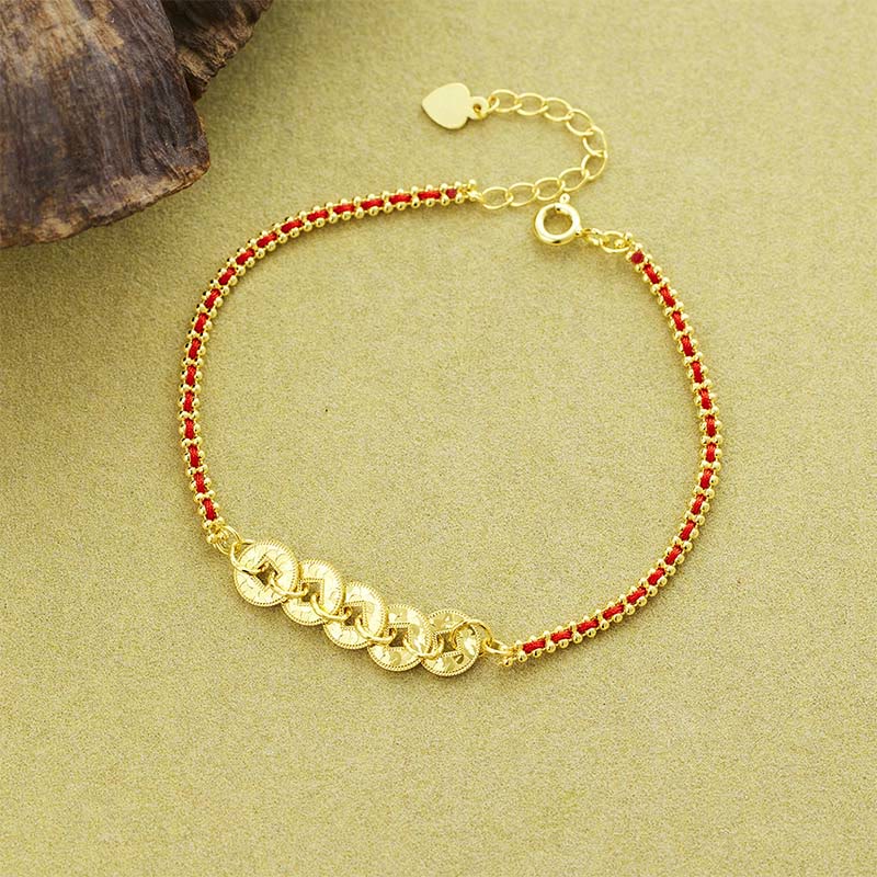 Buddha Stones Bracciale in argento sterling 925 con cinque monete dell'imperatore e filo rosso - Argento Sterling 925 (circonferenza polso: 14-18 cm) - image 0