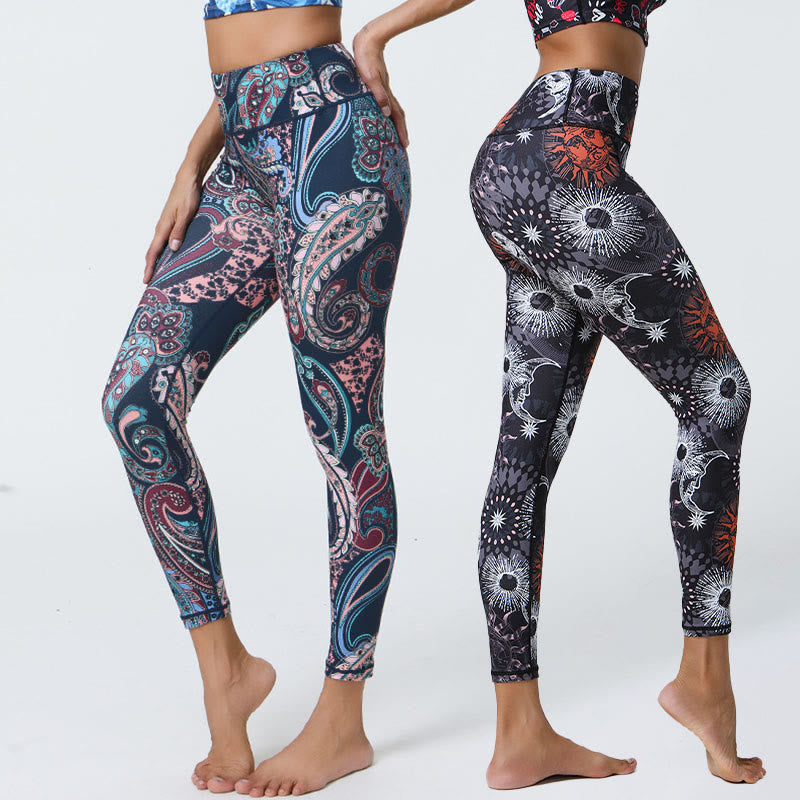 Buddha Stones Fiori Piume Sole Luna Stampa Sport Fitness Yoga Vita Alta Leggings Pantaloni Donna - image 0